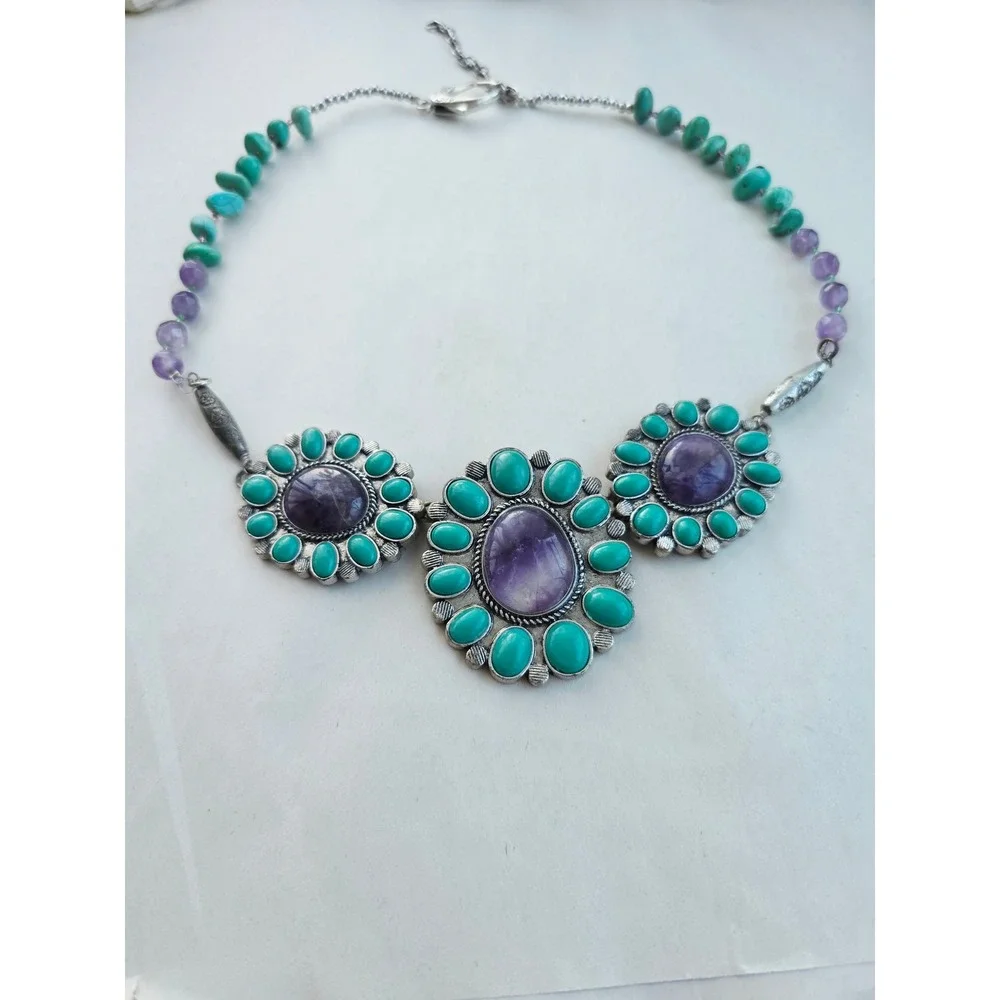 Southwestern Amethyst Magnesite Turquoise Silver Tone Boho Statement Necklace
